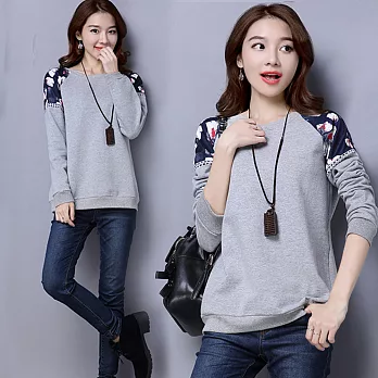 【NUMI】森-刷毛印花拼接長袖韓版上衣-50474(M-2XL可選)M灰色