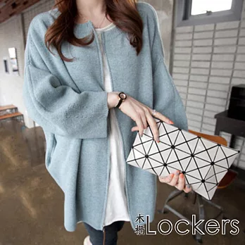 【Lockers 木櫃】圓領拉鍊蝙蝠袖針織毛衣保暖外套(水藍色)