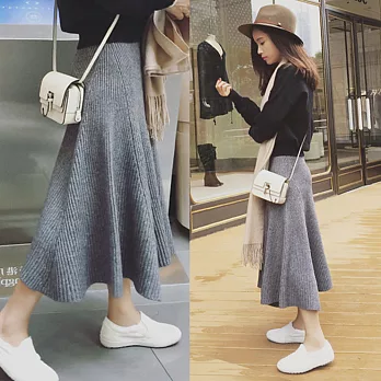 【MsMore】韓版彈力腰頭大裙襬毛線針織傘裙610410001M黑