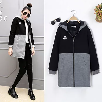 【UnderMore】韓款顯瘦撞色連帽毛呢外套610160003L黑