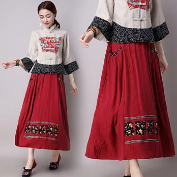 【NUMI】森-文藝復古棉麻拼接印花長裙-共2色50521(F可選)F酒紅色