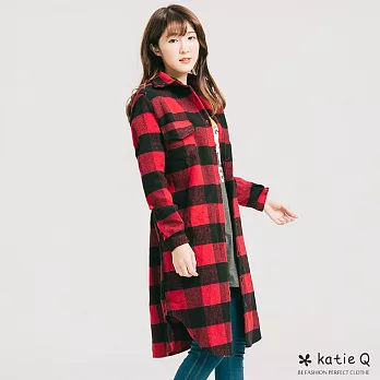 【KatieQ】率性英倫法蘭絨厚磅保暖長大衣(2色)-M-XL　XL紅格