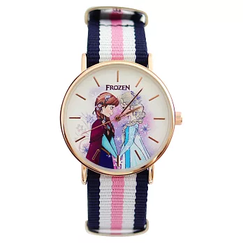 Disney 授權迪士尼系列 英倫風格多種顏色休閒帆布錶帶搭配玫金錶框- 冰雪奇緣