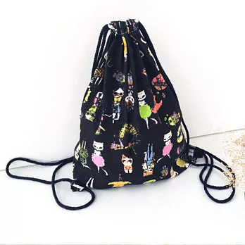 AmaZing 輕旅行束口雙肩後背帆布背袋 (黑底貓小姐)