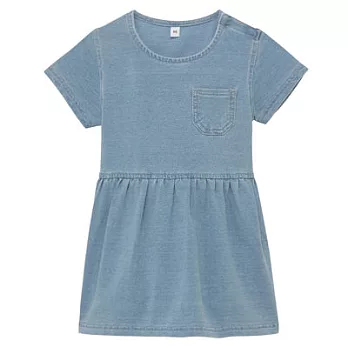 [MUJI無印良品]幼兒棉混輕鬆活動舒適拼接針織丹寧短袖長版衫80藍色