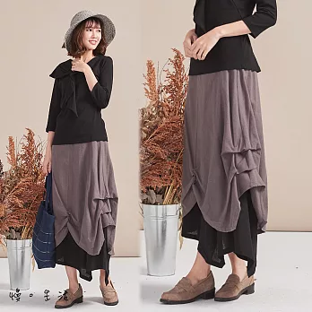 【慢。生活】雙層抓皺棉麻長裙(2色)-F　FREE灰