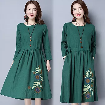 【NUMI】森-圓領刺繡收腰顯瘦連衣裙-共3色-50688(M-XL可選)M綠色