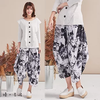 【慢。生活】斑駁色印花棉麻修飾褲(2色)-F　FREE黑