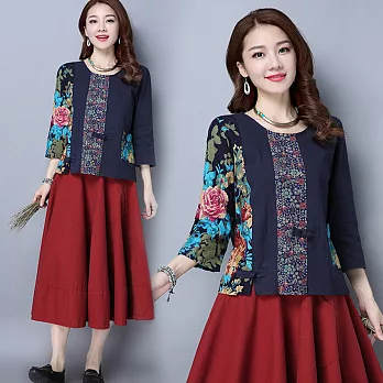 【NUMI】森-民族風單袖碎花七分袖上衣-共2色50702(M-2XL可選)M藏青色