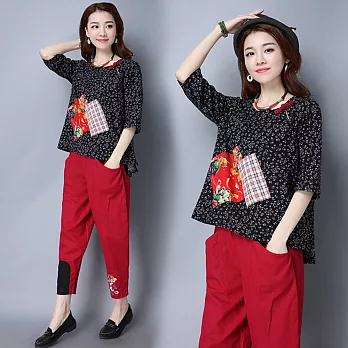 【NUMI】森-碎花拼布造型棉麻上衣-黑色50710(M-XL可選)M黑色