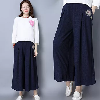 【NUMI】森-休閒百搭繡花闊腿褲-共2色50716(M/L可選)M藍色