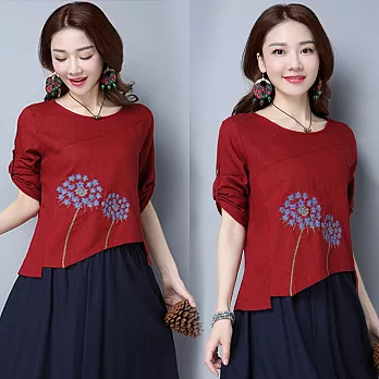 【NUMI】森-下擺特殊剪裁圓領印花上衣-共3色-50762(M-XL可選)L紅色