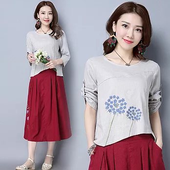 【NUMI】森-下擺特殊剪裁圓領印花上衣-共3色-50762(M-XL可選)M灰色