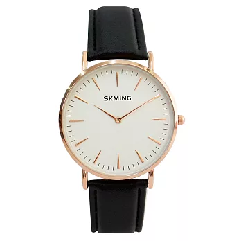 SKMING 優雅大方簡約刻度錶盤文青皮帶錶-黑玫