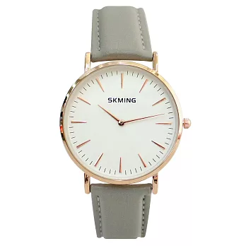 SKMING 優雅大方簡約刻度錶盤文青皮帶錶-灰色