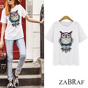 【BR】刺繡亮片貓頭鷹圓領時尚純棉T恤-共2色-80827(XL-3XL可選)XL白色