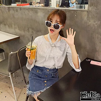 【Heha】上衣 寬鬆小領結七分袖T恤(附領結)-FREE*