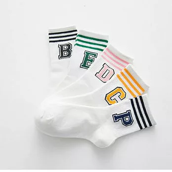 網球運動風字母棉質女襪 (黑B+綠E 二雙組)