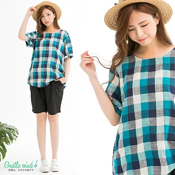 【Gentle wind】配色彩格寬上衣(2色)-F　FREE水藍