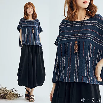 【慢。生活】編織連袖棉麻上衣-F　FREE藍