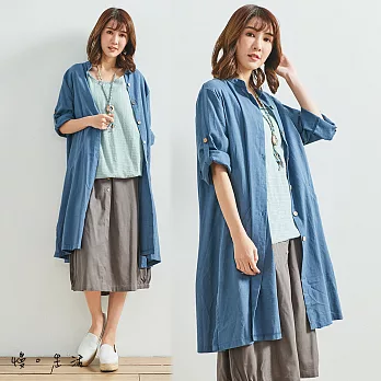 【慢。生活】無領水洗棉麻長襯衫(2色)-F　FREE藍