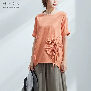 【慢。生活】抽繩花朵造型棉麻上衣(2色)-F　FREE橘