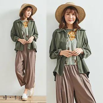 【慢。生活】交錯領寬版棉麻襯衫(2色)-F　FREE綠