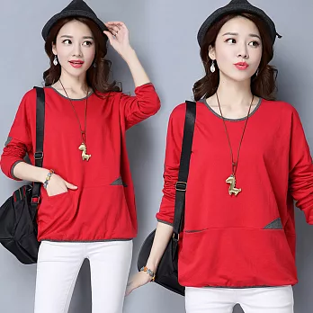 【NUMI】森-休閒拼接簡約造型長袖上衣-共2色-50802(M-2XL可選)XL紅色