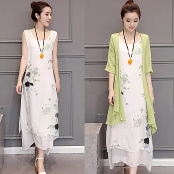 【A.Cheter】清新日系花卉棉麻罩衫洋裝2件組000051M果綠