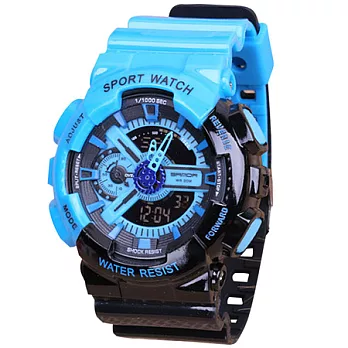 Watch-123 多功能果凍雙色夜光雙顯電子錶 (6色任選)藍黑