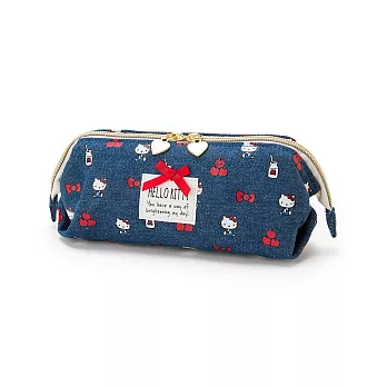 《Sanrio》HELLO KITTY大開口丹寧布面輕量筆袋/化妝包(元氣蘋果)