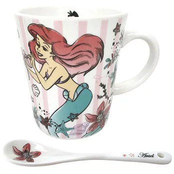 【日本進口正版】迪士尼 公主系列 陶瓷 杯匙組 馬克杯 300ml Disney -小美人魚款