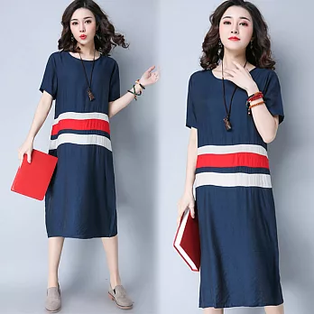 【NUMI】森-簡約拼接短袖連衣裙-共3色-50914(M-2XL可選)L藍色