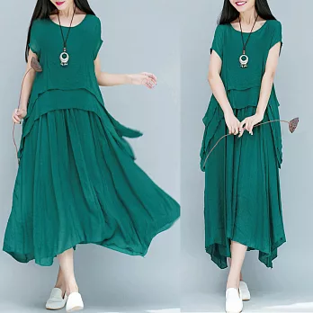 【A.Cheter】純棉麻柔感素色飄逸層次短袖洋裝100037M綠