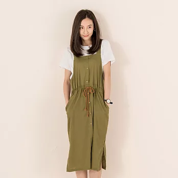 【A.Cheter】小清新棉麻抽繩吊帶裙兩件組100146L橄欖綠