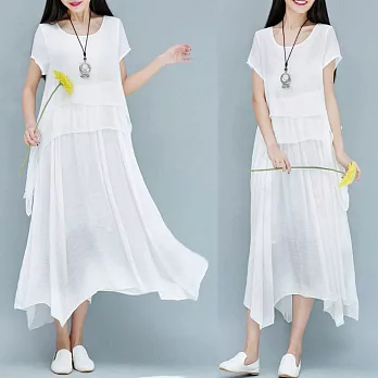 【A.Cheter】純棉麻柔感素色飄逸層次短袖洋裝100037M白色