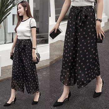 【MsMore】優雅雪紡印花綁帶裙褲100117L黑灰(四方花)