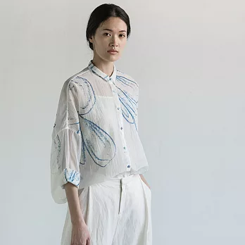 旅途原品_花朵 原創設計棉質混紡印花小翻領短襯衫-S/M/L/XL　XL米白色