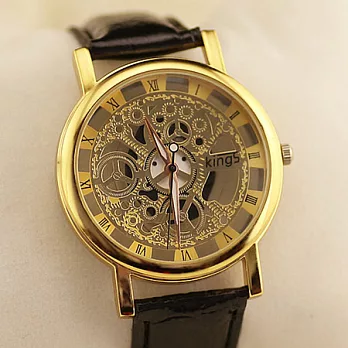 Watch-123 鐘樓情人-古典雙面鏤空仿機械手錶 (4色任選)黑帶x金面