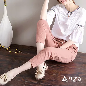 【AnZa】棉麻鬆緊綁帶七分褲(7色) FREE皮粉