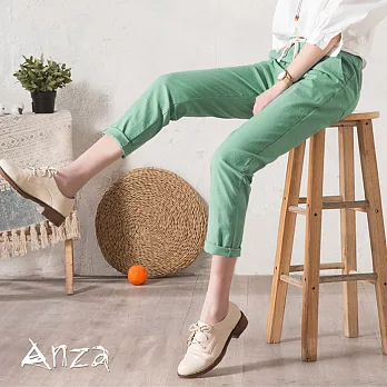 【AnZa】棉麻鬆緊綁帶七分褲(7色) FREE豆綠