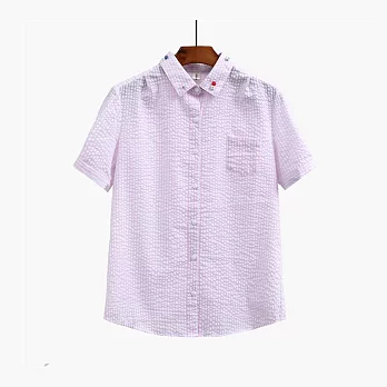 【A.Cheter】皺感彩釦裝飾短袖條紋襯衫100303M粉紅