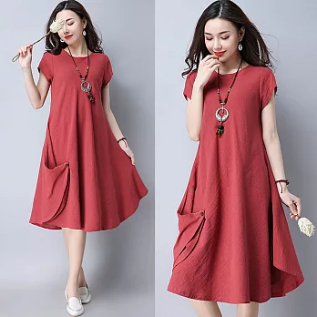 【A.Cheter】棉麻感純色傘狀裙擺短袖洋裝100317M紅色