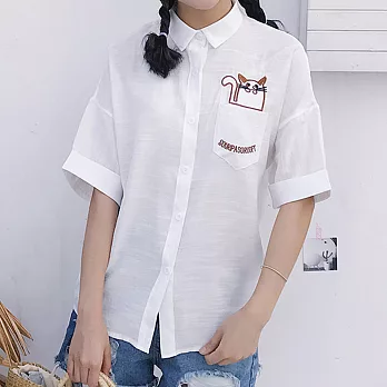 【A.Cheter】涼感貓咪刺繡口袋造型短袖襯衫100380M白
