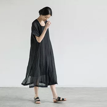 旅途原品_起霧 原創設計苧麻肌理文藝兩件式寬鬆連衣裙-L/XL　L黑色