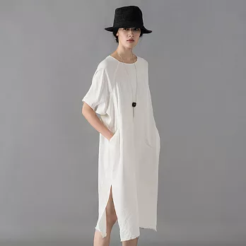 旅途原品_有容 原創設計棉麻複古寬松中袖連衣裙-S/M/L/XL　XL米白
