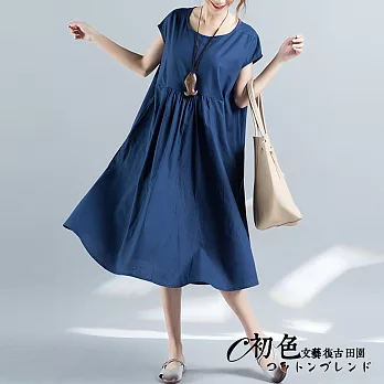 【初色】田園-寬鬆拼接大擺純色連衣裙-藍色-51105(L-X可選)L藍色