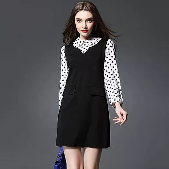 【BR】歐-OL波點拼接連衣裙-黑色-60088(XL-3XL可選)XL黑色