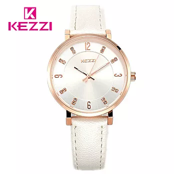 KEZZI珂紫 K-1595 氣質鑲鑽玫瑰金刻度美氛女錶-白色