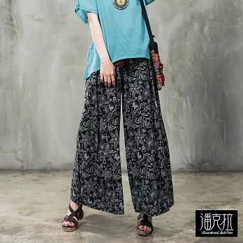 【潘克拉】花朵綁繩寬口褲-F　FREE黑